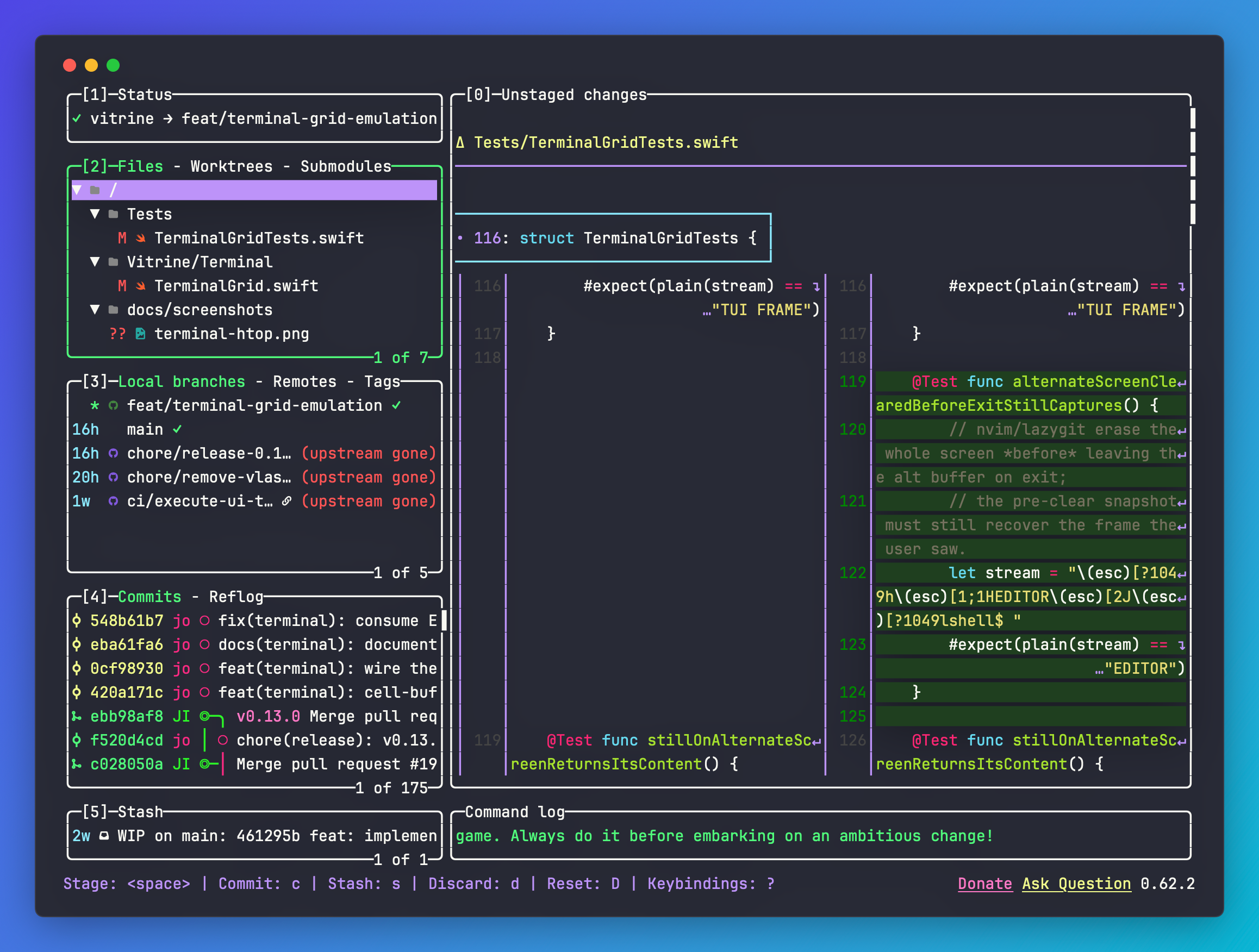 The lazygit multi-panel git dashboard reconstructed as a Vitrine image